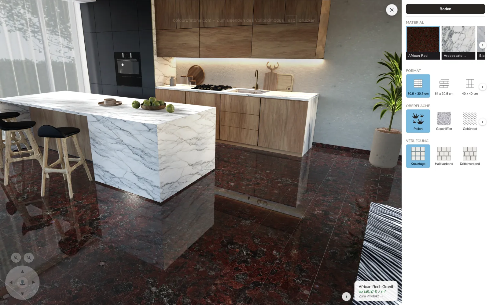African Red · Granit als polierter Boden im 3D-Showroom