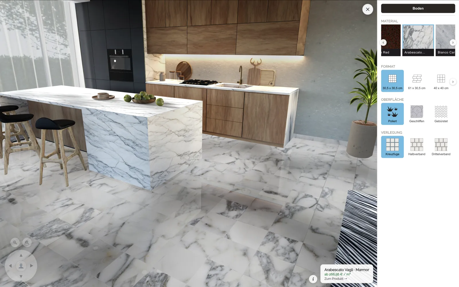Arabescato Vagli · Marmor als polierter Boden im 3D-Showroom