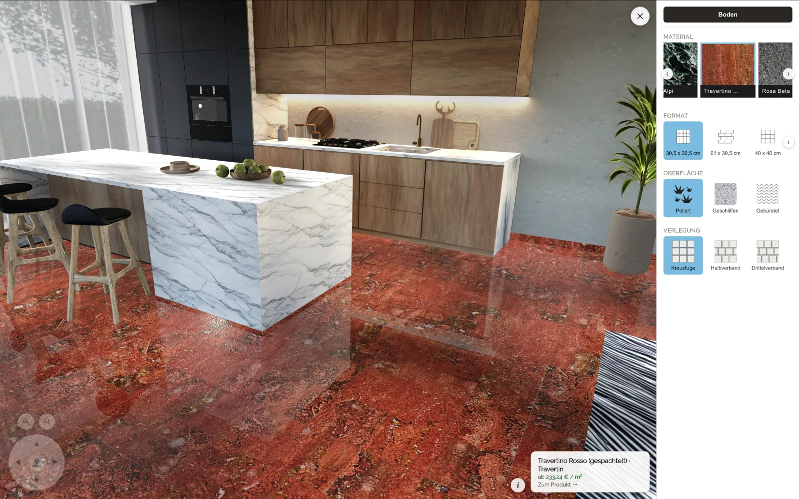 Travertino Rosso (gespachtelt) als polierter Boden im 3D-Showroom