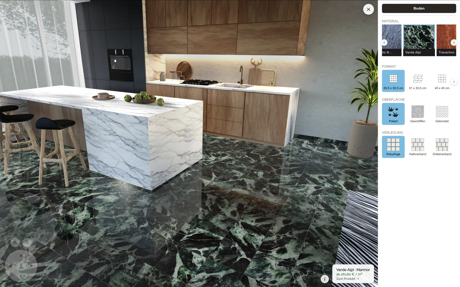 Verde Alpi · Marmor als polierter Boden im 3D-Showroom